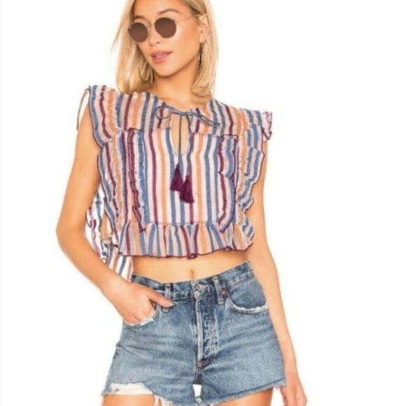 REVOLVE Tops - REVOLVE TULAROSA Cole Yaya Striped Blouse Sheer Crop Ruffle S